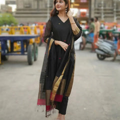 Black Kurta Set with Gold Border Dupatta