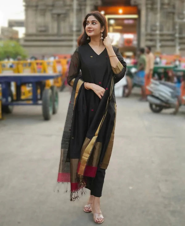 Black Kurta Set with Gold Border Dupatta
