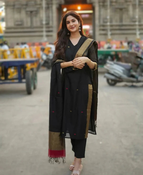 Black Kurta Set with Gold Border Dupatta