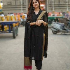 Black Kurta Set with Gold Border Dupatta