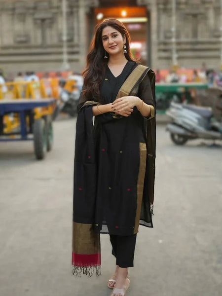 Black Kurta Set with Gold Border Dupatta