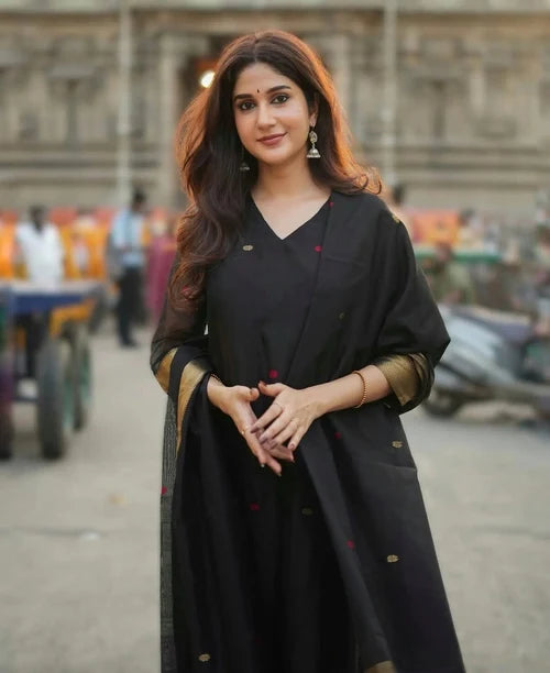 Black Kurta Set with Gold Border Dupatta