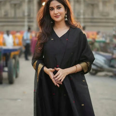 Black Kurta Set with Gold Border Dupatta