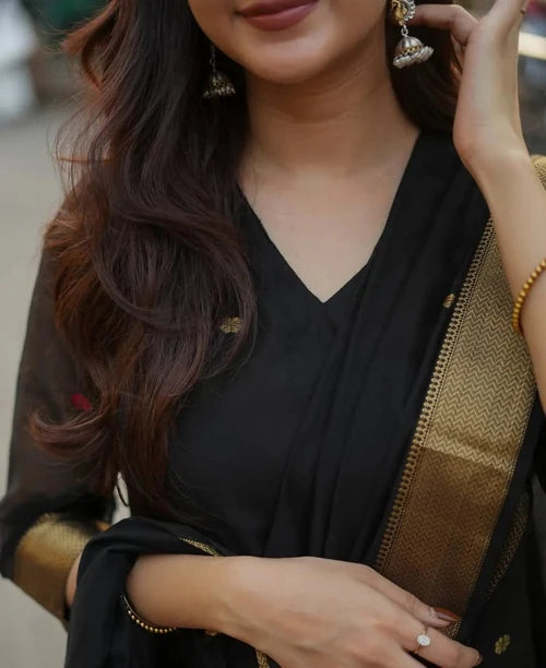 Black Kurta Set with Gold Border Dupatta
