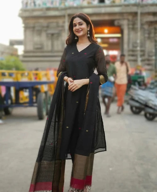 Black Kurta Set with Gold Border Dupatta