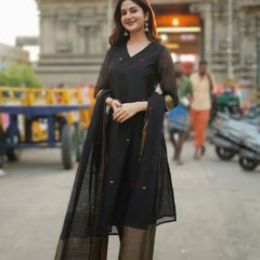 Black Kurta Set with Gold Border Dupatta