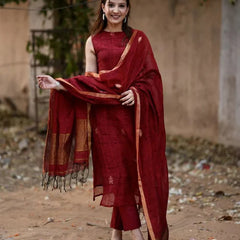 Maroon Sleeveless Kurta Set with Handwoven Border Dupatta