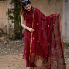Maroon Sleeveless Kurta Set with Handwoven Border Dupatta