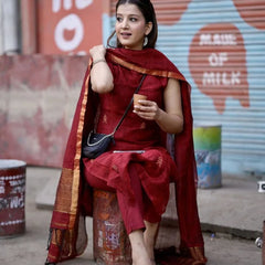 Maroon Sleeveless Kurta Set with Handwoven Border Dupatta