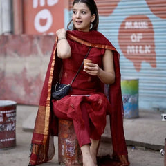 Maroon Sleeveless Kurta Set with Handwoven Border Dupatta