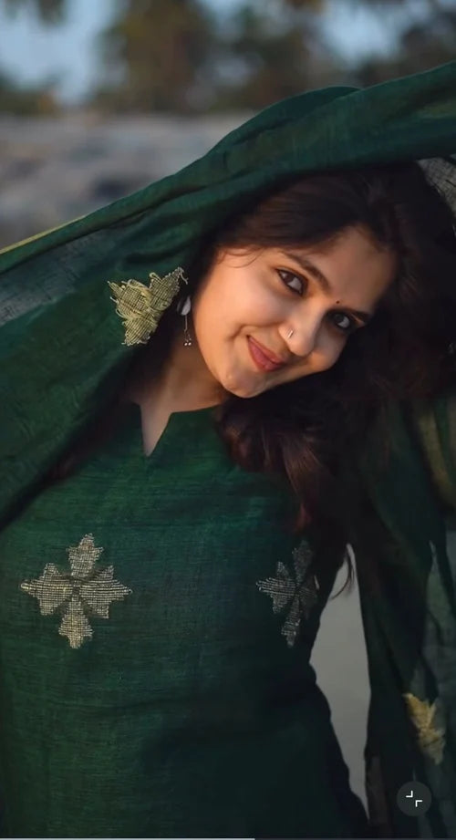 Bottle Green Ethnic Kurta Pant Dupatta Set