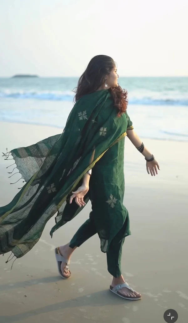 Bottle Green Ethnic Kurta Pant Dupatta Set
