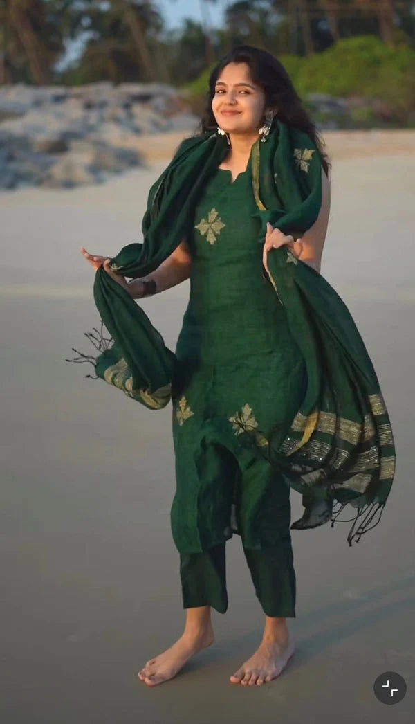Bottle Green Ethnic Kurta Pant Dupatta Set
