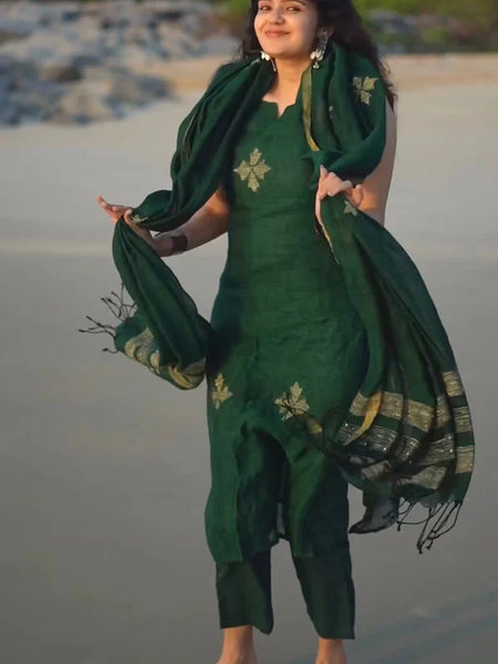 Bottle Green Ethnic Kurta Pant Dupatta Set