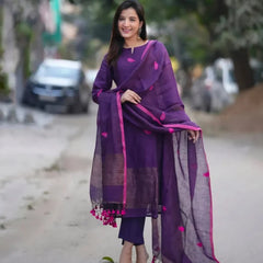 Deep Purple Kurta Pant Set with Tassel Dupatta