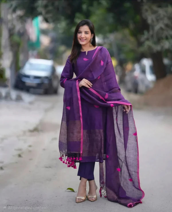 Deep Purple Kurta Pant Set with Tassel Dupatta