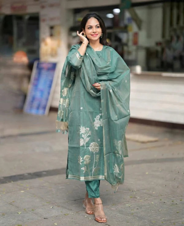 Sage Green Woven Floral Ethnic Kurta Pant & Dupatta Set