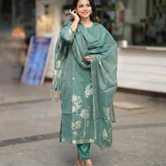 Sage Green Woven Floral Ethnic Kurta Pant & Dupatta Set