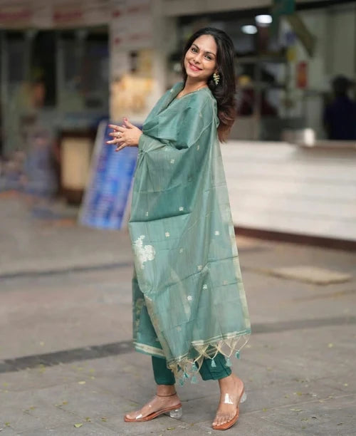 Sage Green Woven Floral Ethnic Kurta Pant & Dupatta Set