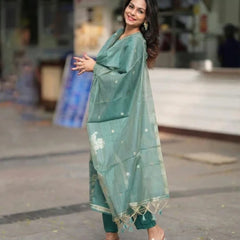 Sage Green Woven Floral Ethnic Kurta Pant & Dupatta Set