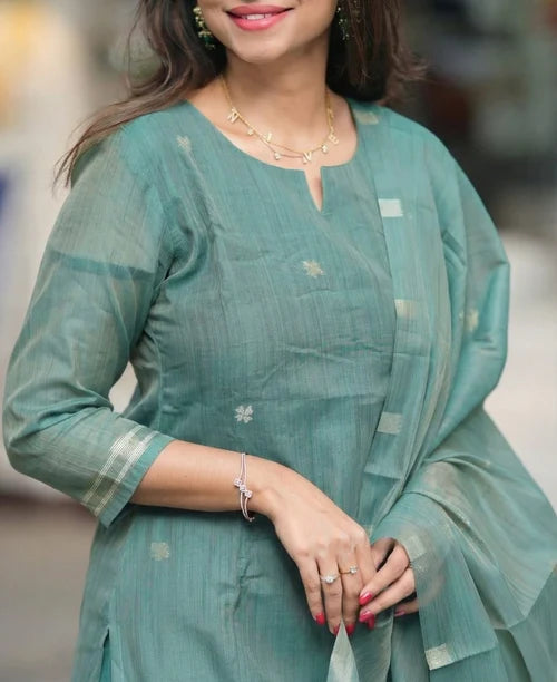 Sage Green Woven Floral Ethnic Kurta Pant & Dupatta Set