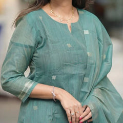 Sage Green Woven Floral Ethnic Kurta Pant & Dupatta Set