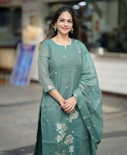 Sage Green Woven Floral Ethnic Kurta Pant & Dupatta Set