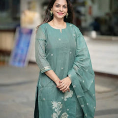 Sage Green Woven Floral Ethnic Kurta Pant & Dupatta Set