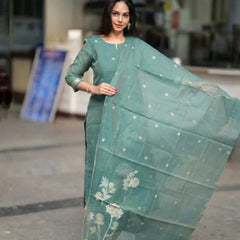 Sage Green Woven Floral Ethnic Kurta Pant & Dupatta Set