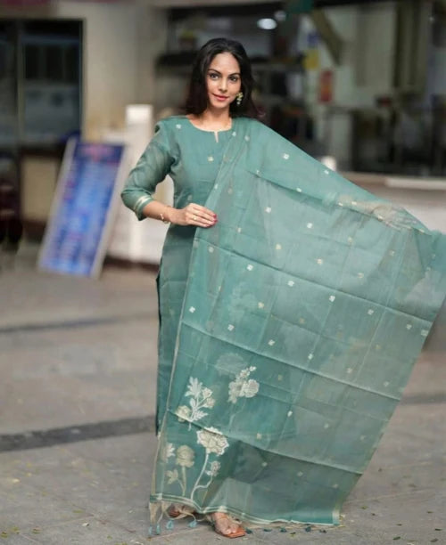 Sage Green Woven Floral Ethnic Kurta Pant & Dupatta Set