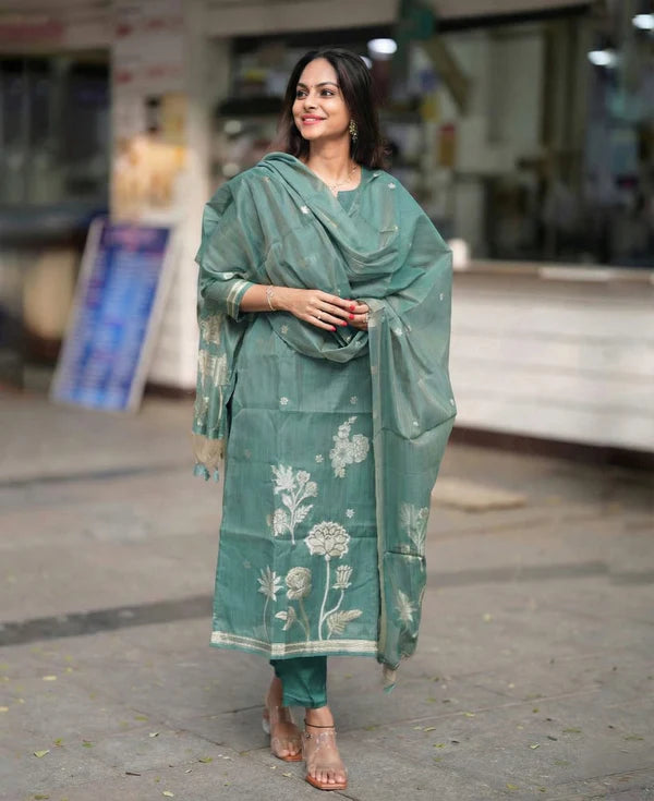 Sage Green Woven Floral Ethnic Kurta Pant & Dupatta Set