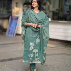Sage Green Woven Floral Ethnic Kurta Pant & Dupatta Set