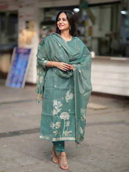 Sage Green Woven Floral Ethnic Kurta Pant & Dupatta Set