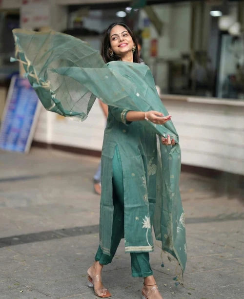 Sage Green Woven Floral Ethnic Kurta Pant & Dupatta Set