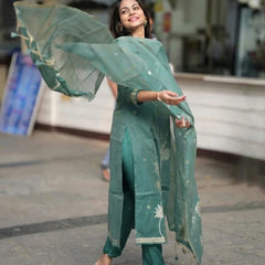 Sage Green Woven Floral Ethnic Kurta Pant & Dupatta Set