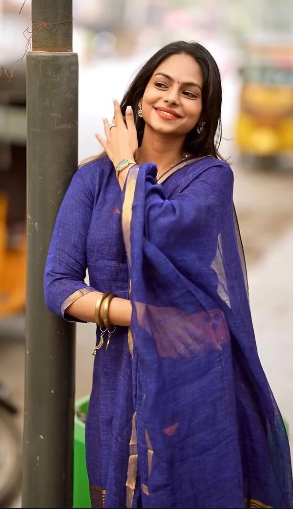 Blue Gold Designer jacquard Suit Set with Dupatta