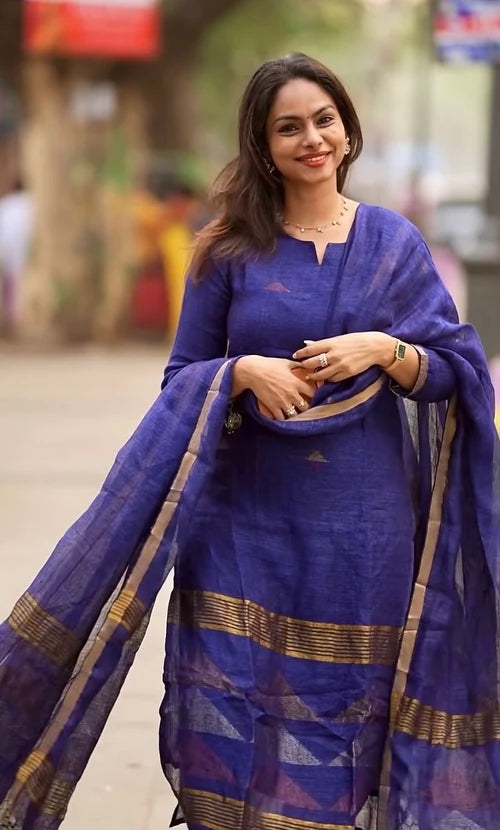 Blue Gold Designer jacquard Suit Set with Dupatta