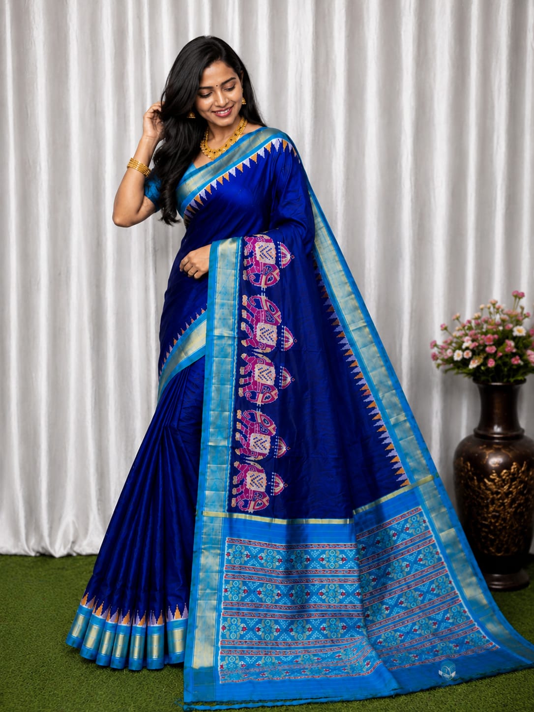 Royal Blue Silk Saree with Sky Blue Zari Border