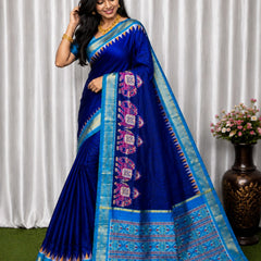 Royal Blue Silk Saree with Sky Blue Zari Border