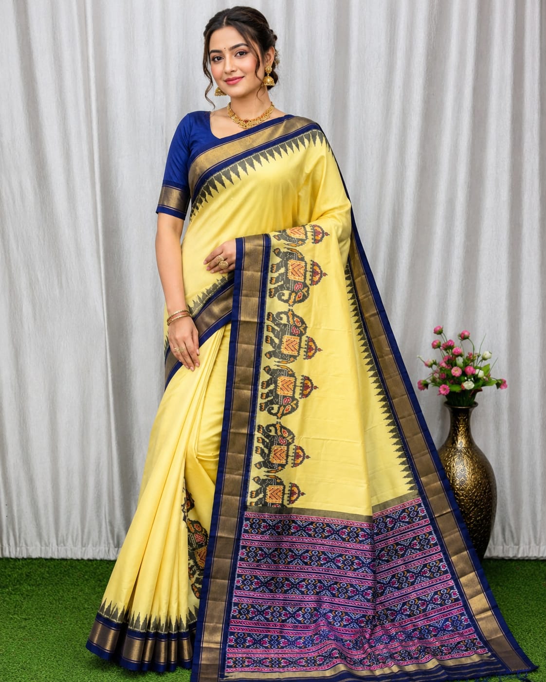 Yellow Silk Saree with Royal Blue & Gold Border