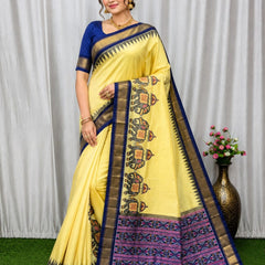 Yellow Silk Saree with Royal Blue & Gold Border