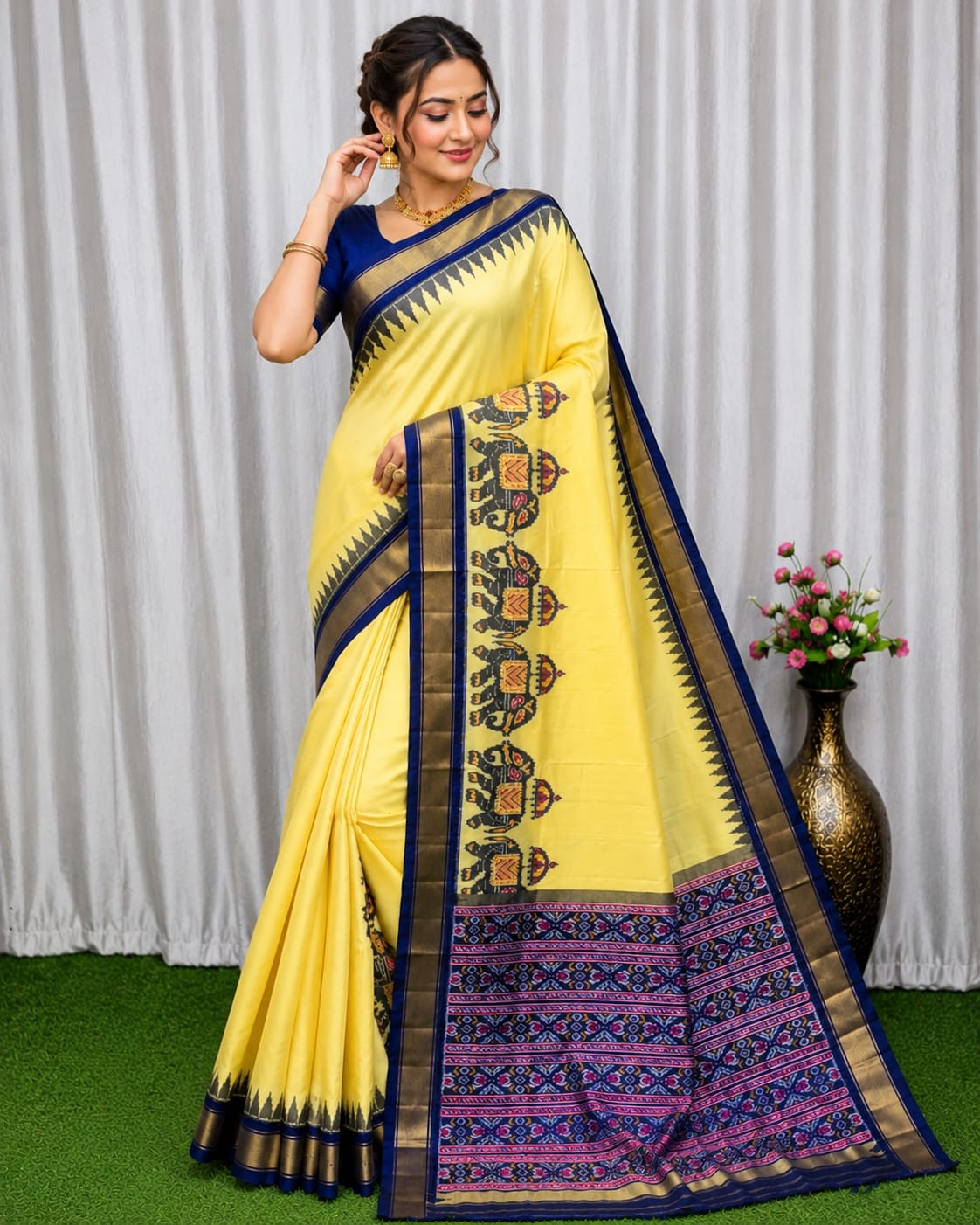 Yellow Silk Saree with Royal Blue & Gold Border