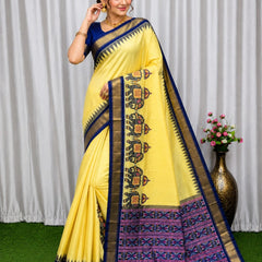 Yellow Silk Saree with Royal Blue & Gold Border
