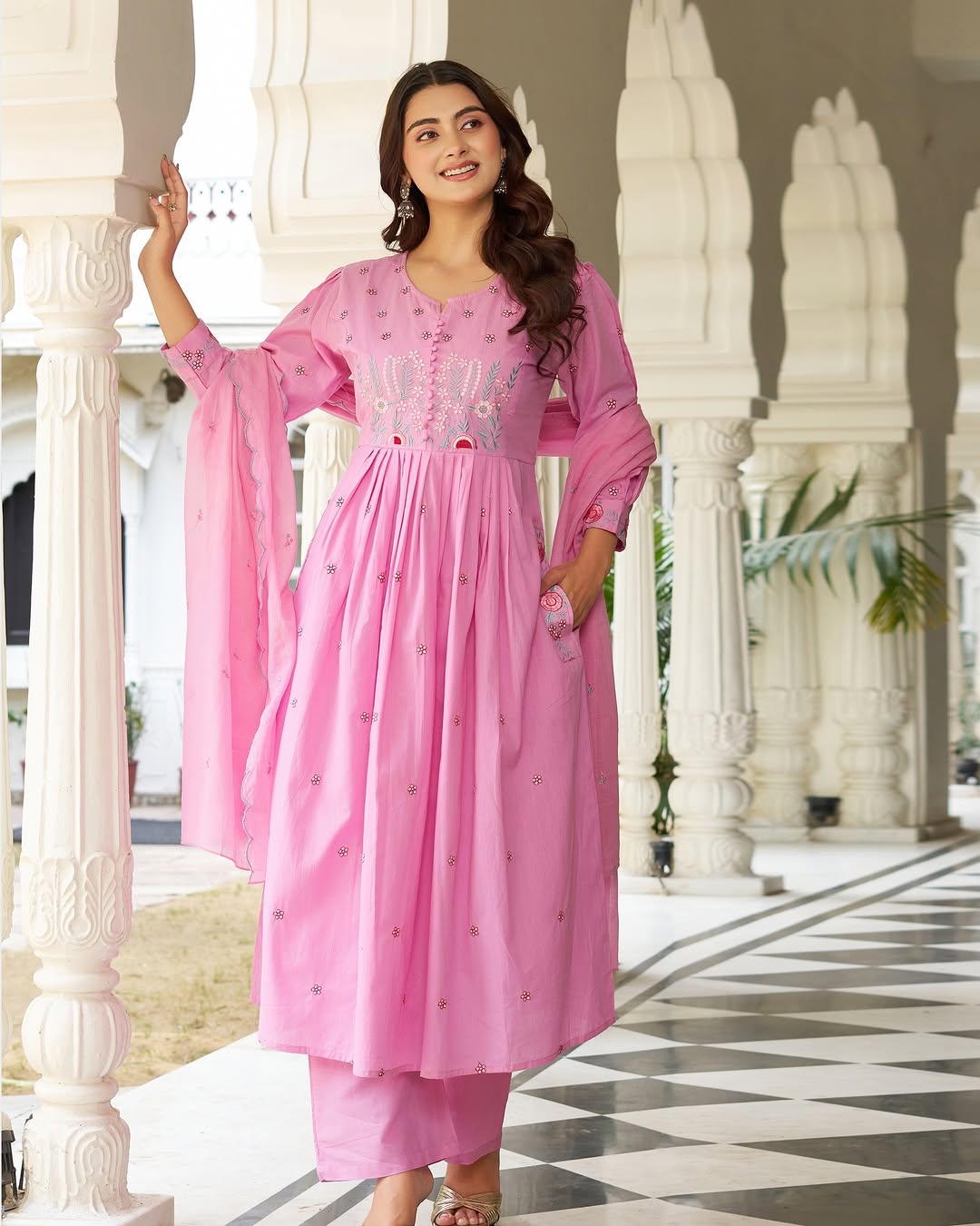 Elegant Pink Cotton Anarkali Suit Set with Floral Embroidery Dupatta