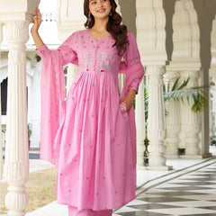 Elegant Pink Cotton Anarkali Suit Set with Floral Embroidery Dupatta