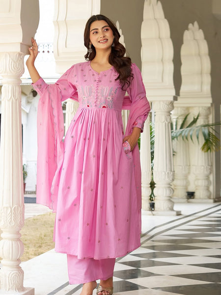 Elegant Pink Cotton Anarkali Suit Set with Floral Embroidery Dupatta