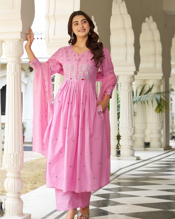 Elegant Pink Cotton Anarkali Suit Set with Floral Embroidery Dupatta