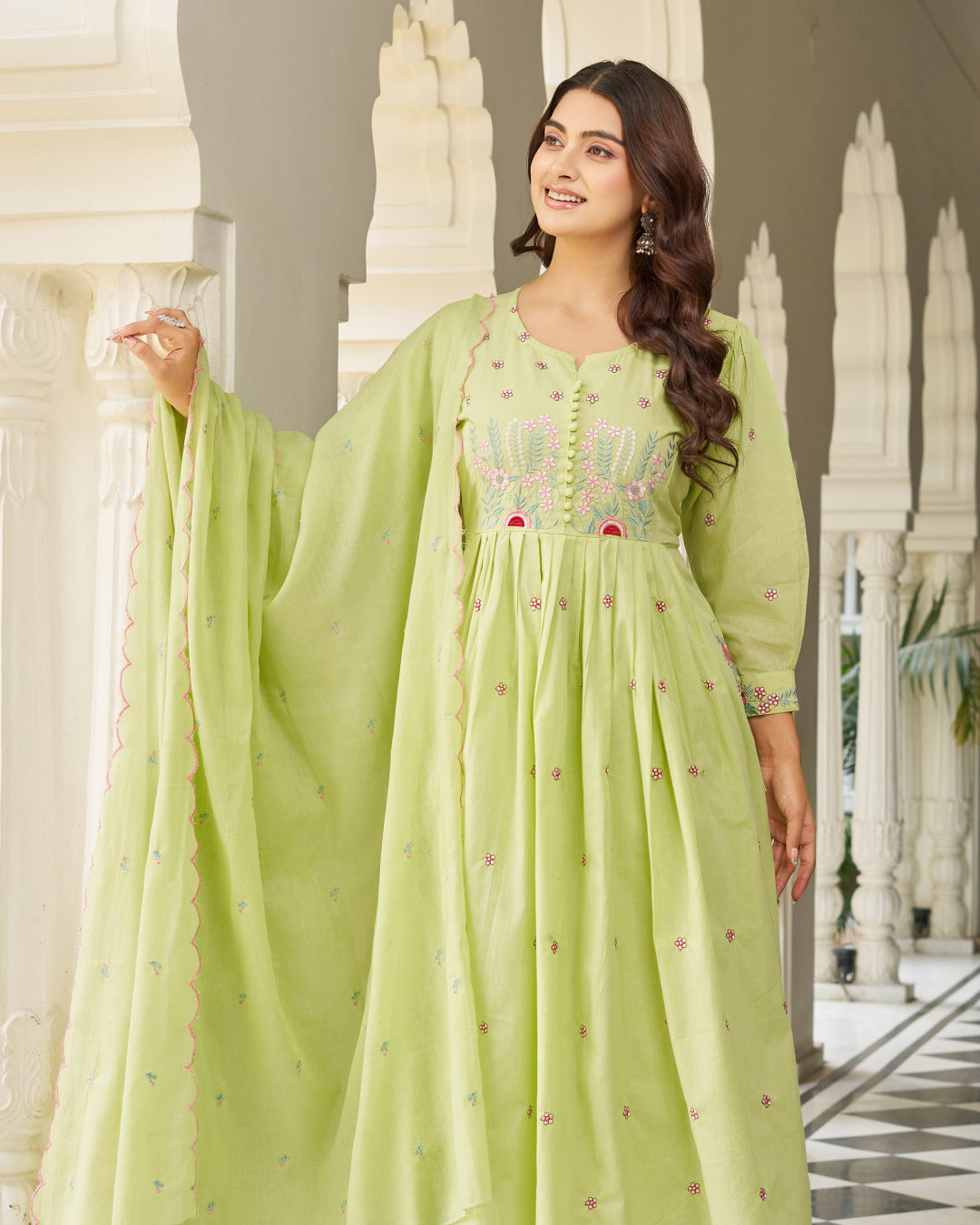 Pastel Green Cotton Anarkali Suit Set with Floral Embroidery Dupatta