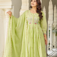 Pastel Green Cotton Anarkali Suit Set with Floral Embroidery Dupatta
