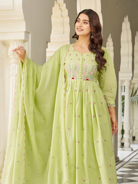 Pastel Green Cotton Anarkali Suit Set with Floral Embroidery Dupatta